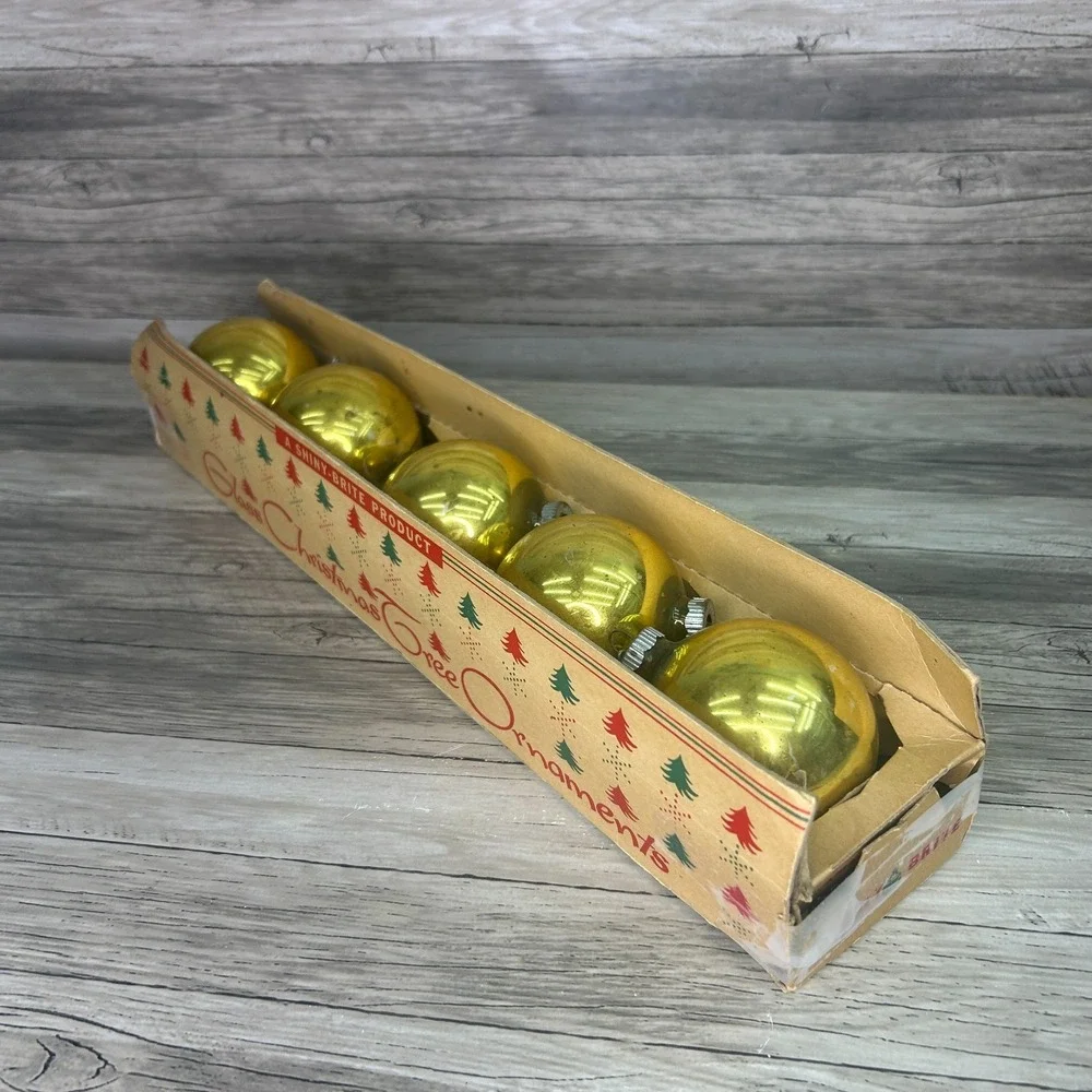 Vintage Shiny Brite Glass GOLD Christmas Ornaments in Original Box